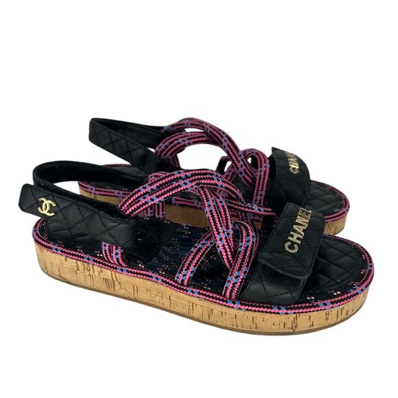 Chanel 2020 Cord Lambskin Quilted Logo Sandals Pink Black - Picture 4 of 14